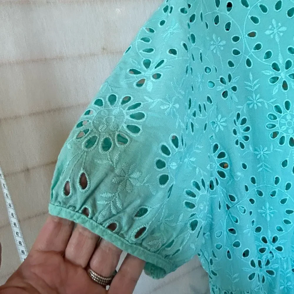 J.Crew Puff Sleeve Eyelet Aqua Blue Tired Dress 22
